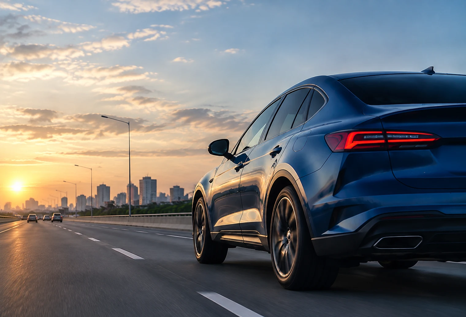 Blue SUV driving toward the skyline at sunset