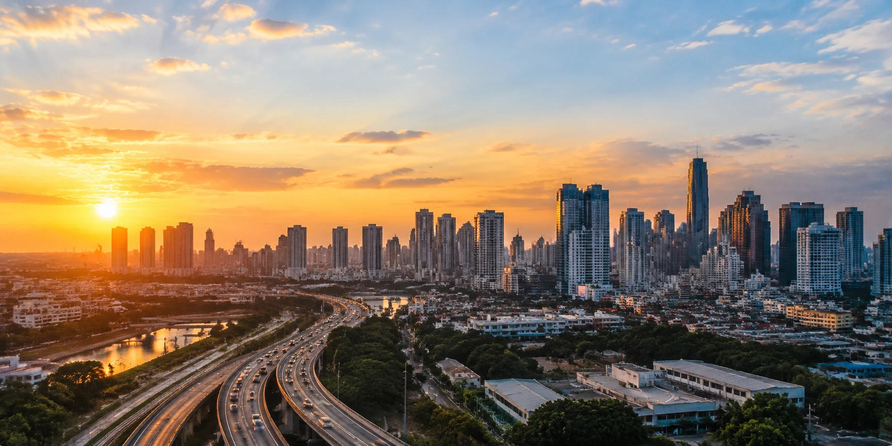 Metro Manila-inspired skyline and expressway at golden hour
