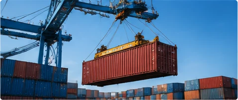 Shipping container lifted at a port
